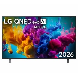 Вид спереди на телевизор LG QNED evo AI Mini LED QNED8M, выпущенный в 2026 году, показывает экран, заполненный яркими, плавными всплесками разных цветов в движении, а плотные цветовые облака плавно ра