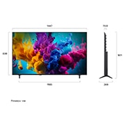 LG 65-дюймовый умный телевизор LG QNED evo AI Mini LED QNED8M 4K 2026, Телевизор LG QNED evo AI Mini LED QNED8M, показанный спереди и сбоку, оснащен 65-дюймовым дисплеем шириной 1447 мм, с высотой экрана 838 мм, высота с подставкой 901&nbsp;мм, глубина 70,8 мм, размер основан, 65QNED8MB6C, thumbnail 2