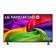 LG 55-дюймовый телевизор Smart TV LG NANO 4K UHD AI NU80 2026, Вид спереди на телевизор LG NANO 4K UHD AI NU80, выпущенный в 2026 году, экран которого заполнен богато текстурированными слоями цвета, напоминающими ткань, где яркие разноцветные складки плавно переплетаются по всему дисплею., 55NU800B6LA, thumbnail 1