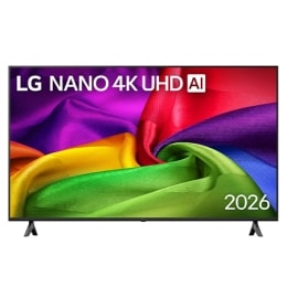 Вид спереди на телевизор LG NANO 4K UHD AI NU80, выпущенный в 2026 году, экран которого заполнен богато текстурированными слоями цвета, напоминающими ткань, где яркие разноцветные складки плавно переп