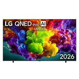 Вид спереди на телевизор LG QNED evo AI QNED90 Mini LED, выпущенный в 2026 году: яркие текучие всплески разноцветного движения, напоминающего краску, заполняют дисплей, и плотные цветовые облака плавн2
