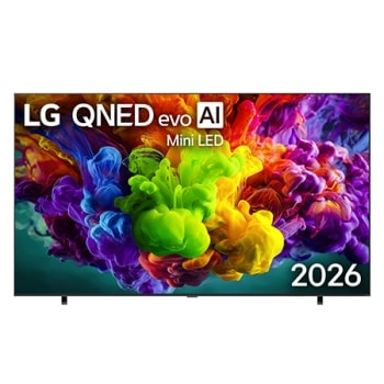 Вид спереди на телевизор LG QNED evo AI QNED90 Mini LED, выпущенный в 2026 году: яркие текучие всплески разноцветного движения, напоминающего краску, заполняют дисплей, и плотные цветовые облака плавн1