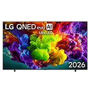 LG 115-дюймовый умный телевизор LG QNED evo AI Mini LED QNED93 4K 2026, Вид спереди на телевизор LG QNED evo AI QNED90 Mini LED, выпущенный в 2026 году: яркие текучие всплески разноцветного движения, напоминающего краску, заполняют дисплей, и плотные цветовые облака плавно перетекают друг в друга., 115QNED93B6, thumbnail 1