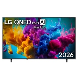 Вид спереди на телевизор LG QNED evo AI Mini LED QNED8M, выпущенный в 2026 году, показывает экран, заполненный яркими, плавными всплесками разных цветов в движении, а плотные цветовые облака плавно ра