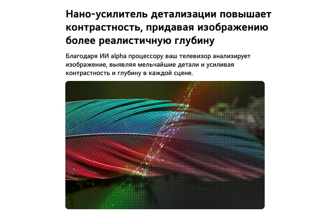LG 65-дюймовый телевизор Smart TV LG NANO 4K UHD AI NU80 2026, LG NANO 4K UHD AI NU80 с технологией Нано-усилитель деталей (Nano Detail Enhancer)  демонстрирует изображение пера, при этом интеллектуальный процессор alpha распознает тонкие текстуры для улучшения контрастности и глубины, обеспечивая более четкое и объемное изображение 4K., 65NU800B6LA, thumbnail 3