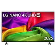 LG 65-дюймовый телевизор Smart TV LG NANO 4K UHD AI NU80 2026, Вид спереди на телевизор LG NANO 4K UHD AI NU80, выпущенный в 2026 году, экран которого заполнен богато текстурированными слоями цвета, напоминающими ткань, где яркие разноцветные складки плавно переплетаются по всему дисплею., 65NU800B6LA, thumbnail 1