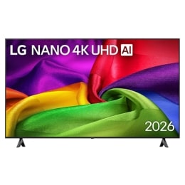 Вид спереди на телевизор LG NANO 4K UHD AI NU80, выпущенный в 2026 году, экран которого заполнен богато текстурированными слоями цвета, напоминающими ткань, где яркие разноцветные складки плавно переп2