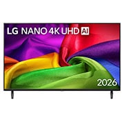LG 43-дюймовый телевизор Smart TV LG NANO 4K UHD AI NU80 2026, Вид спереди на телевизор LG NANO 4K UHD AI NU80, выпущенный в 2026 году, экран которого заполнен богато текстурированными слоями цвета, напоминающими ткань, где яркие разноцветные складки плавно переплетаются по всему дисплею., 43NU800B6LC, thumbnail 1