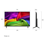 LG 43-дюймовый телевизор Smart TV LG NANO 4K UHD AI NU80 2026, LG NANO 4K UHD AI NU80, показанный спереди и сбоку, представляет собой 43-дюймовый дисплей с шириной экрана 957 мм, высота экрана 560 мм, высота с подставкой 626 мм, глубина 67,8 мм, основание подстав, 43NU800B6LC, thumbnail 2