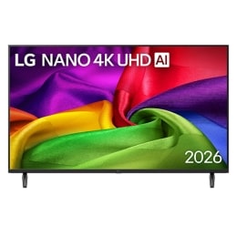 Вид спереди на телевизор LG NANO 4K UHD AI NU80, выпущенный в 2026 году, экран которого заполнен богато текстурированными слоями цвета, напоминающими ткань, где яркие разноцветные складки плавно переп2