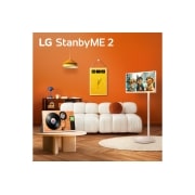 LG 27'' портативный сенсорный телевизор LG StanbyME 2, Два экрана LG StanbyME 2 в современной гостиной. Один StanbyME 2 установлен на стойке, другой висит на стене, а третий стоит на столе, опираясь на фолио-чехол., 27LX6TDGA, thumbnail 1