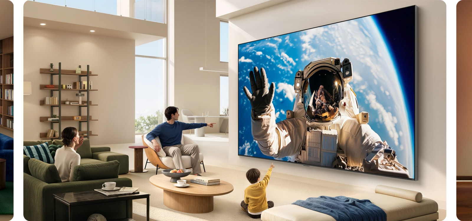 Телевизор LG QNED evo AI Mini LED с ультрабольшим экраном создает по-настоящему масштабный эффект погружения. Яркие кинематографичные сцены — от астронавта в космосе и космической битвы в видеоигре до пляжа на закате и захватывающего горного пейзажа — демонстрируют, как разнообразно можно наслаждаться контентом на ультрабольшом экране QNED.