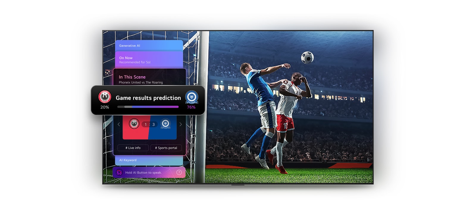 Телевизор LG QNED evo AI Mini LED с функцией спортивного прогноза от AI Concierge показывает прямой эфир футбольного матча с экранной панелью ИИ, на которой отображаются прогнозы, информация об игре и данные лиги, демонстрируя как ИИ анализирует ход игры для прогнозирования исходов матчей. 