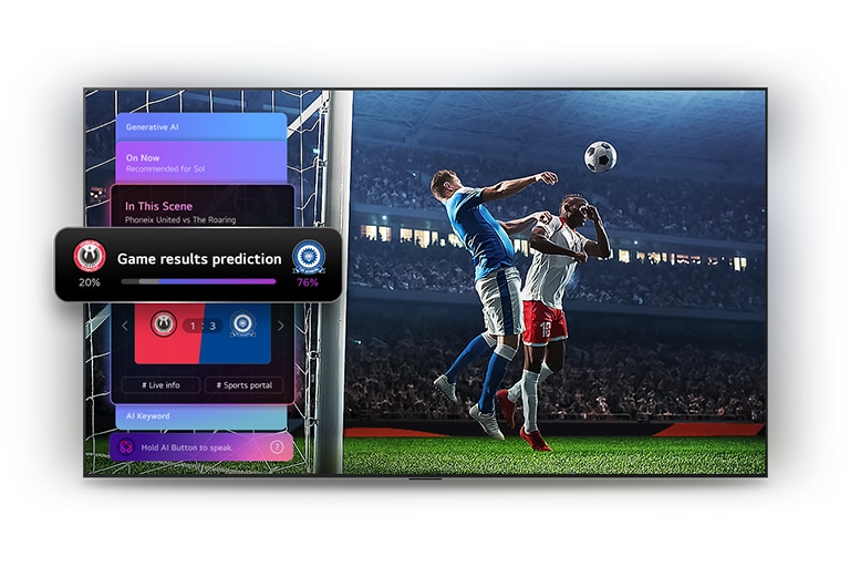 Телевизор LG QNED evo AI Mini LED с функцией спортивного прогноза от AI Concierge показывает прямой эфир футбольного матча с экранной панелью ИИ, на которой отображаются прогнозы, информация об игре и данные лиги, демонстрируя как ИИ анализирует ход игры для прогнозирования исходов матчей. 