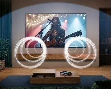 LG QNED evo AI Mini LED с Dolby Atmos показывает на экране исполнителя с живым акустическим выступлением, а визуализированные звуковые волны заполняют пространство, подчёркивая эффект погружающего, объемного звука вокруг зрителя.