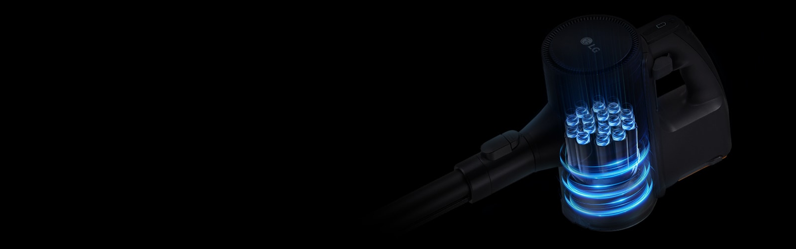 Крупный план мультициклонной системы фильтрации пылесоса LG A9X-MASTER с визуализацией воздушного потока.