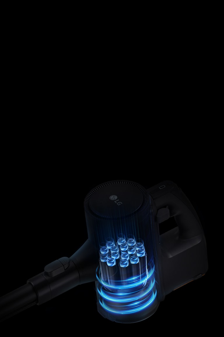Крупный план мультициклонной системы фильтрации пылесоса LG A9X-MASTER с визуализацией воздушного потока.