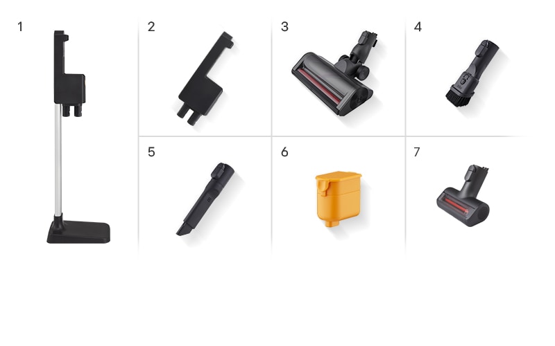 Пылесос LG A9X-CORE с комплектными аксессуарами: настенным креплением, различными насадками и аккумулятором.