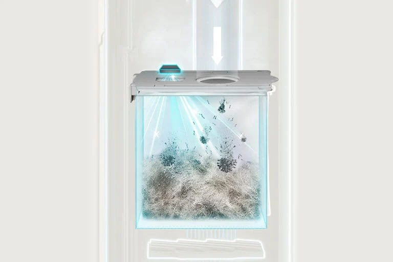 На графическом изображении показана рабочая форма светодиода UVC и его расположение внутри пылесоса.