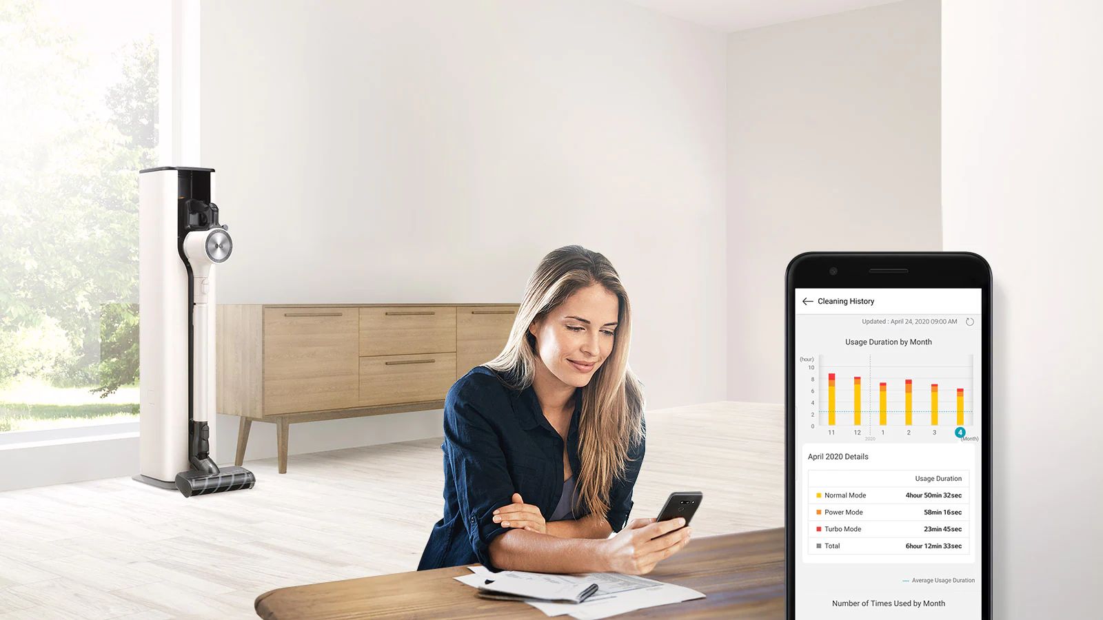 Позади находится пылесос, на котором изображена женщина, использующая приложение ThinQ на своем смартфоне.