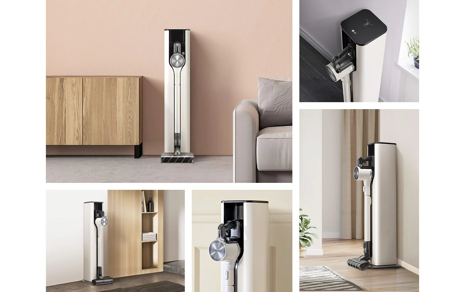 Он показывает пылесосы под разными углами, помещенными в комнату в современном интерьере.