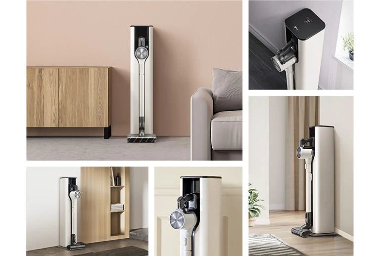 Он показывает пылесосы под разными углами, помещенными в комнату в современном интерьере.
