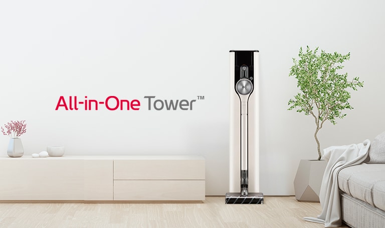 На нем показан фронтальный снимок башни A9 All-in-One в современном интерьере гостиной в белых тонах.