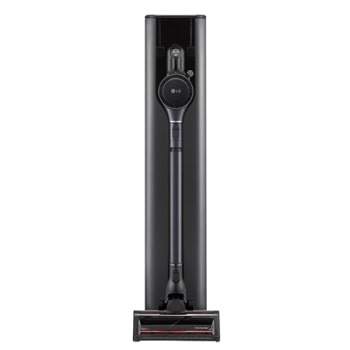 Серый графитовый вертикальный беспроводной пылесос LG A9T-LITE, вид станции спереди1