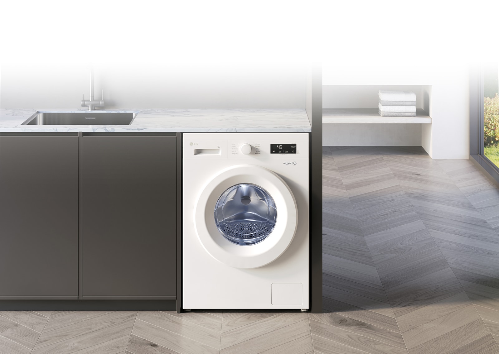 Изображение демонстрирует стиральную машину LG в интерьере.