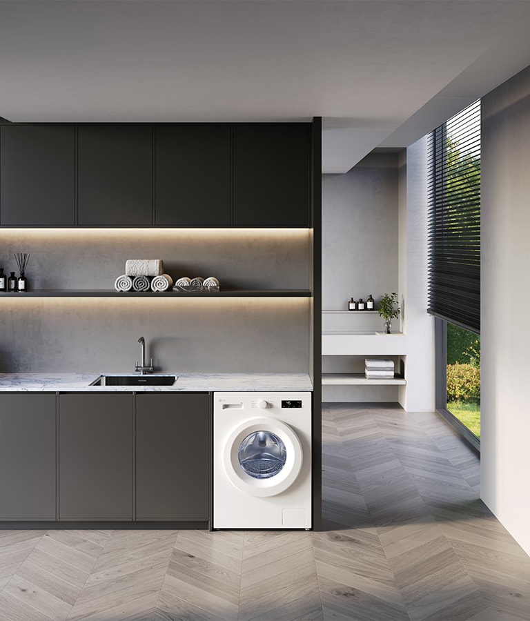 Изображение демонстрирует стиральную машину LG в интерьере