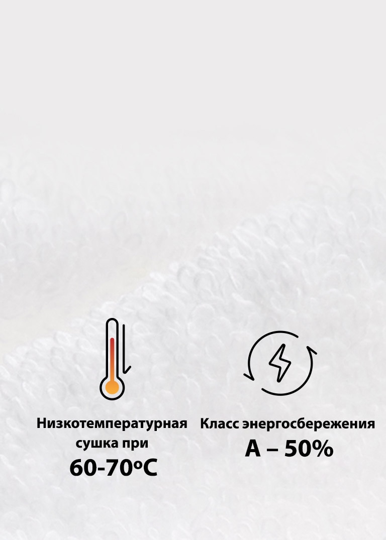 Макро-кадр высушенного полотенца с описанием основных характеристик сушки LG SIGNATURE.