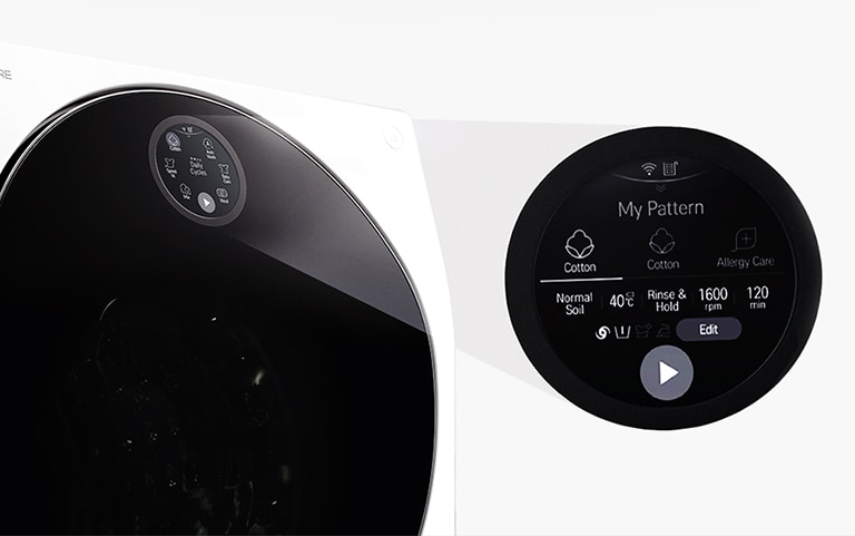 Машинка LG SIGNATURE и ее круглый дисплей Quick Circle размещены в центре изображения на белом фоне.