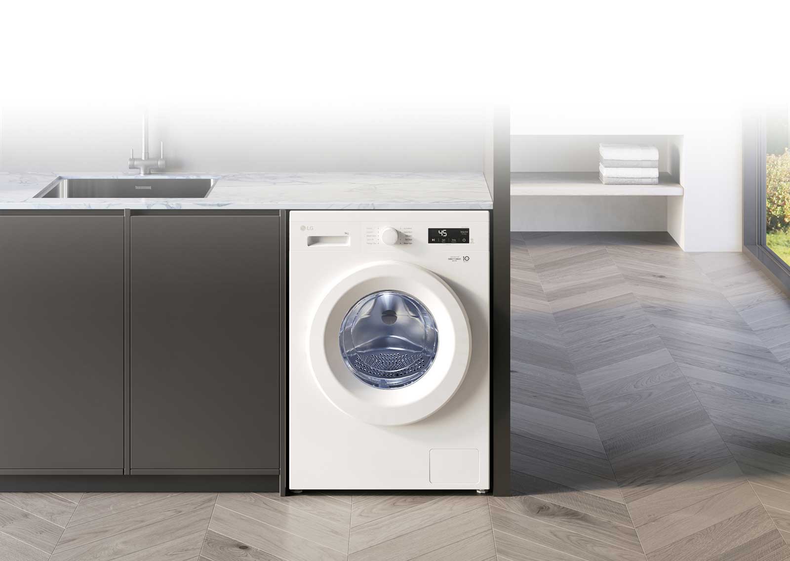 Изображение демонстрирует стиральную машину LG в интерьере.