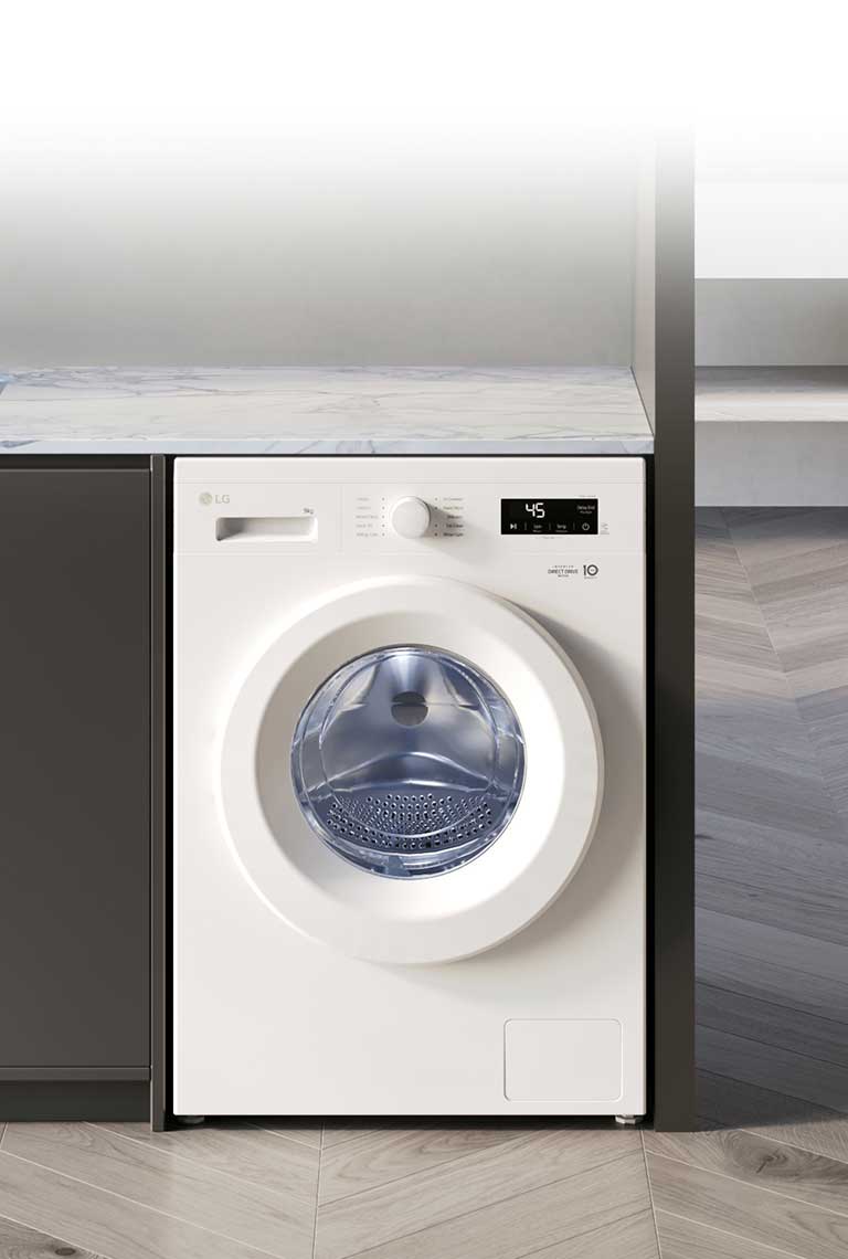Изображение демонстрирует стиральную машину LG в интерьере.