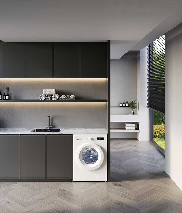 Изображение демонстрирует стиральную машину LG в интерьере