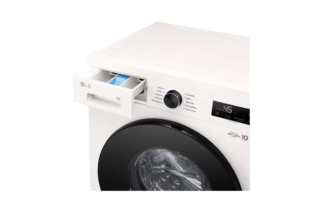 LG Стиральная машина узкая LG F2Y1NS5W с паром, 6 кг, Стиральная машина LG F2Y1NS5W с открытым лотком (вид справа), F2Y1NS5W, thumbnail 6