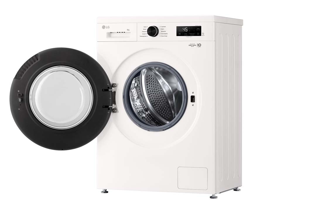 LG Стиральная машина узкая LG F2Y1NS5W с паром, 6 кг, Стиральная машина LG F2Y1NS5W с открытой дверцей (вид справа), F2Y1NS5W, thumbnail 9