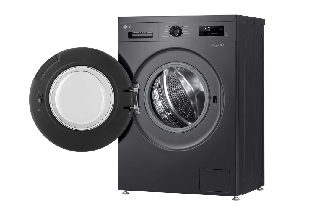 LG Стиральная машина узкая LG F2Y1NS5J с паром, 6 кг, Стиральная машина LG F2Y1NS5J с открытой дверцей (вид справа), F2Y1NS5J, thumbnail 9