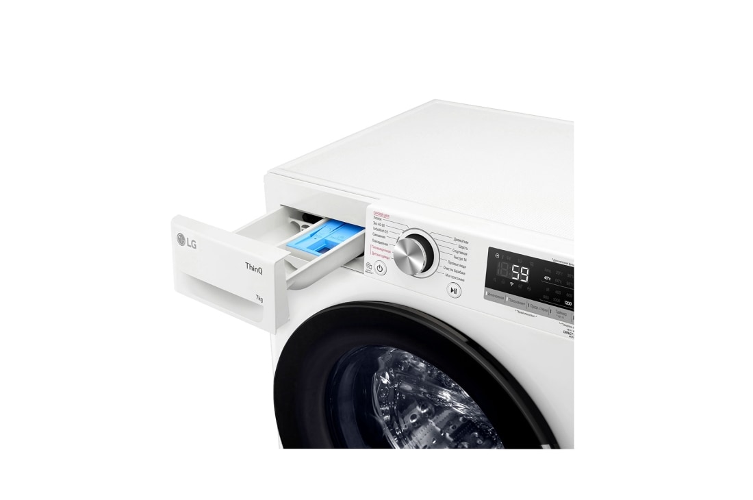 LG Стиральная машина узкая LG F2V5HS5W с паром, 7 кг, Стиральная машина LG F2V5HS5W с открытым лотком (вид справа), F2V5HS5W, thumbnail 5