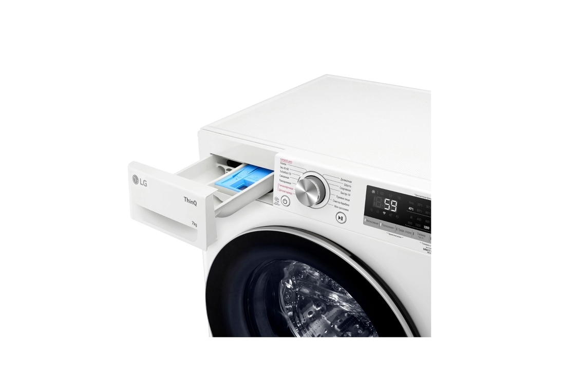 LG Стиральная машина узкая LG F2V5HS1W с паром, 7 кг, Стиральная машина LG F2V5HS1W с открытым лотком (вид справа), F2V5HS1W, thumbnail 5