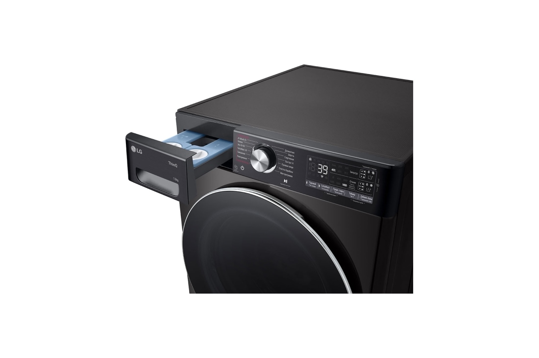 LG Стиральная машина LG F4V9LA2P с паром, 13 кг, Стиральная машина LG F4V9LA2P с открытым лотком (вид справа), F4V9LA2P, thumbnail 6