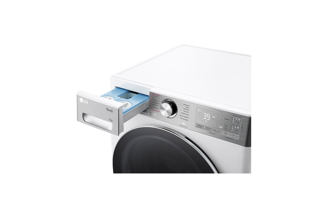 LG Стиральная машина LG F4V9LA2W с паром, 13 кг, Стиральная машина LG F4V9LA2W с открытым лотком (вид справа), F4V9LA2W, thumbnail 5