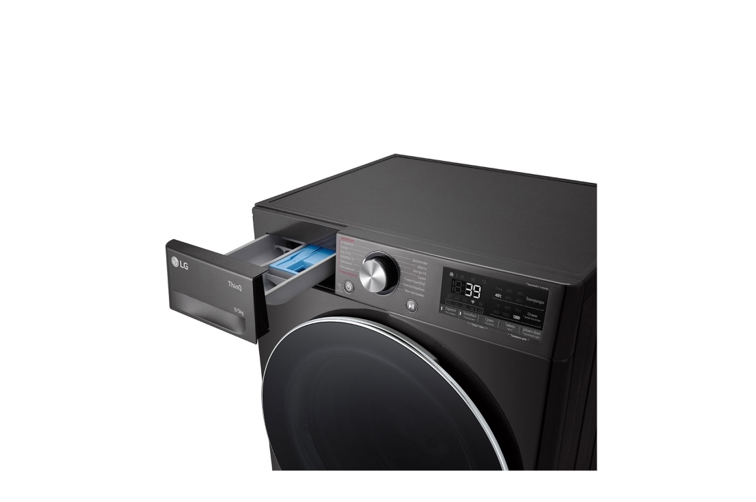 LG Узкая стирально-сушильная машина LG F2V9FC2P с паром, 9/5 кг, Стирально-сушильная машина LG F2V9FC2P с открытым лотком (вид справа), F2V9FC2P, thumbnail 6