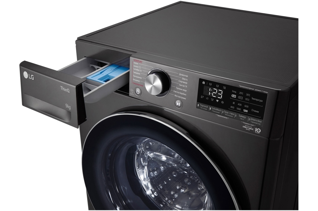 LG Стиральная машина узкая LG F2V9FW9P с паром, 9 кг, Стиральная машина LG F2V9FW9P с открытым лотком (вид справа), F2V9FW9P, thumbnail 6