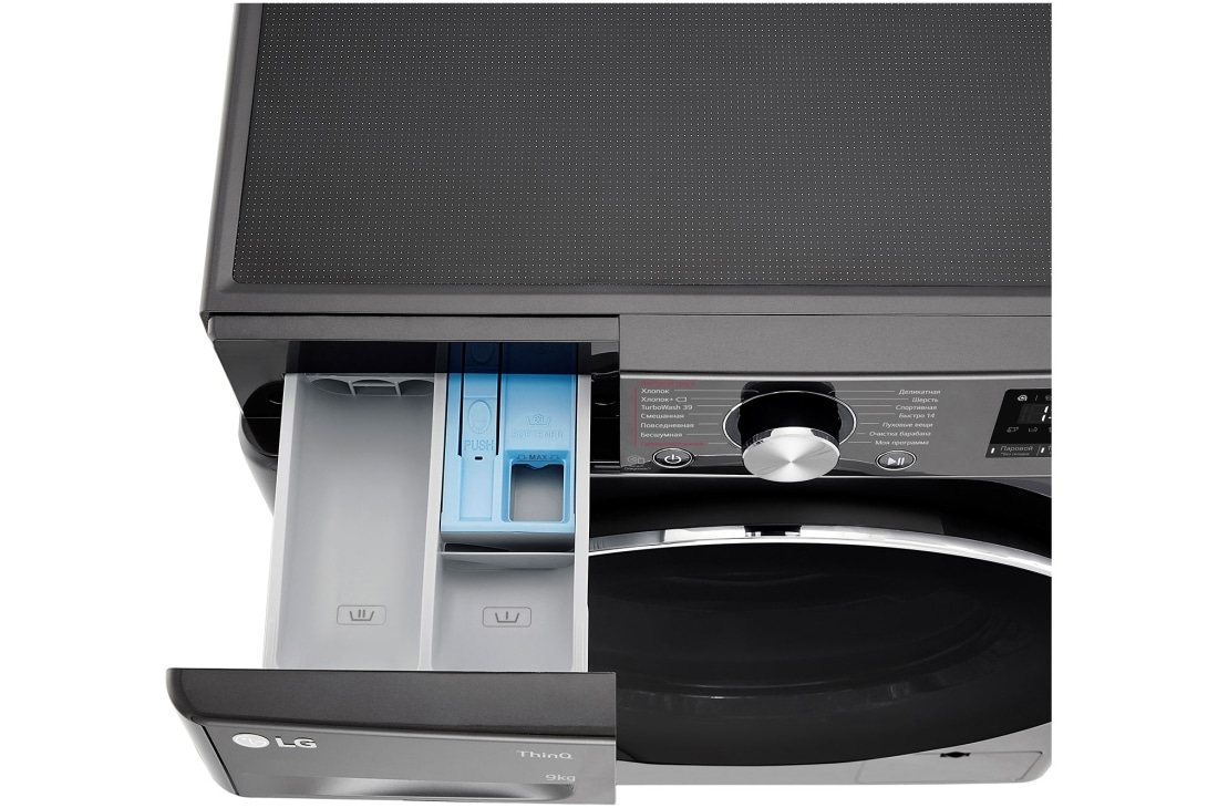 LG Стиральная машина узкая LG F2V9FW9P с паром, 9 кг, Стиральная машина LG F2V9FW9P с открытым лотком (вид сверху), F2V9FW9P, thumbnail 7
