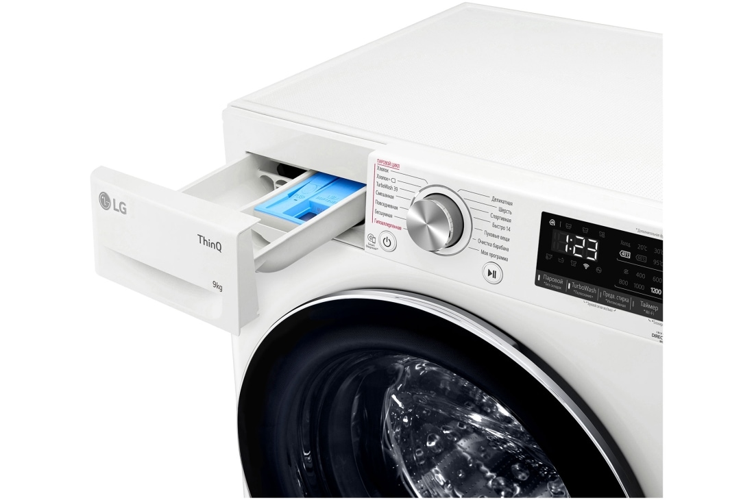 LG Стиральная машина узкая LG F2V9FW9W с паром, 9 кг, Стиральная машина LG F2V9FW9W с открытым лотком (вид справа), F2V9FW9W, thumbnail 5