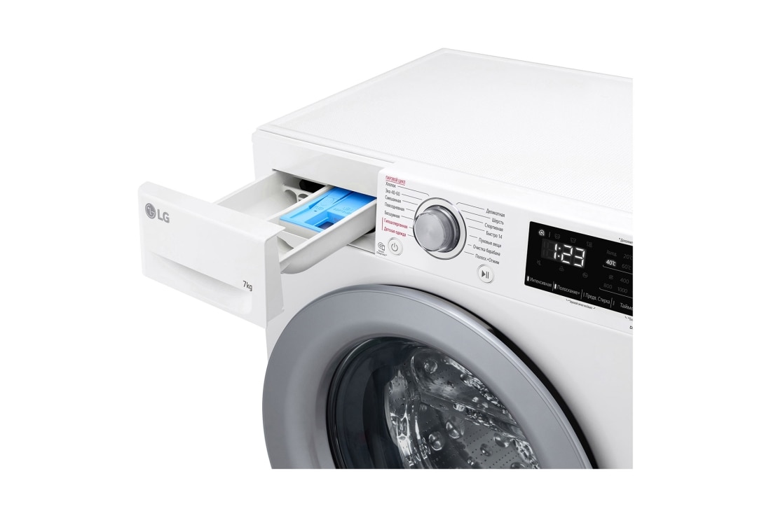 LG Стиральная машина узкая LG F2V3HS4W с паром, 7 кг, Стиральная машина LG F2V3HS4W с открытым лотком (вид справа), F2V3HS4W, thumbnail 5
