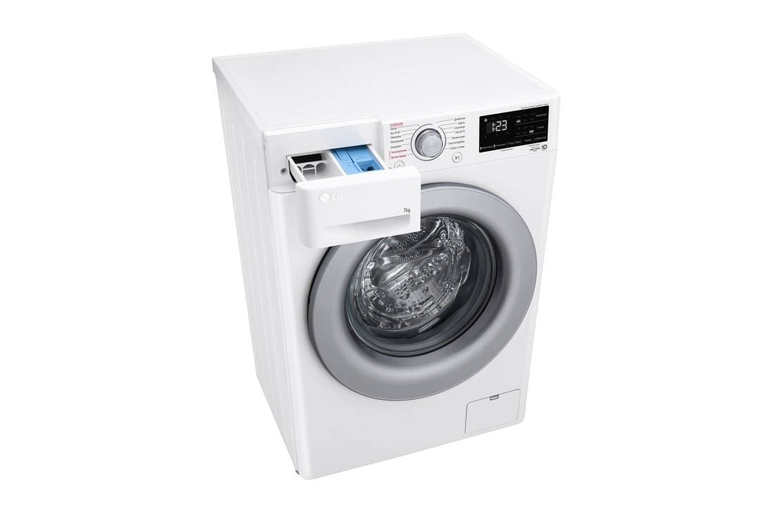 LG Стиральная машина узкая LG F2V3HS4W с паром, 7 кг, Стиральная машина LG F2V3HS4W с открытым лотком (вид слева в перспективе), F2V3HS4W, thumbnail 9