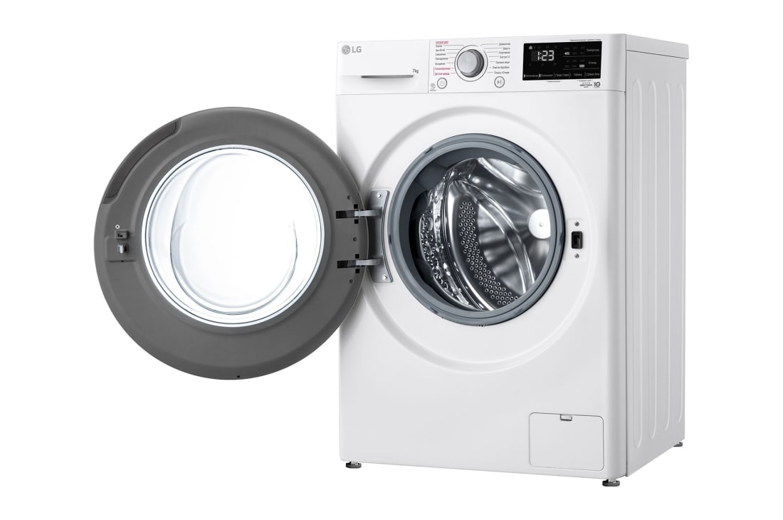 LG Стиральная машина узкая LG F2V3HS4W с паром, 7 кг, Стиральная машина LG F2V3HS4W с открытой дверцей (вид справа), F2V3HS4W, thumbnail 11