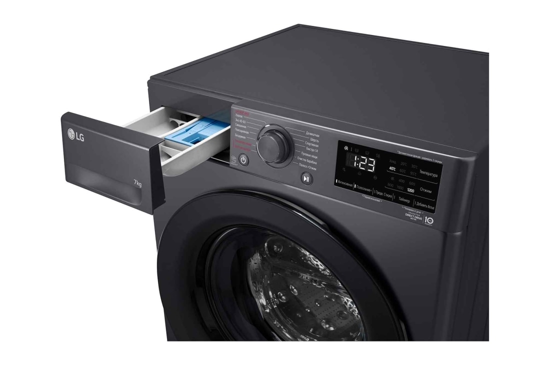 LG Стиральная машина узкая LG F2V3HS6J с паром, 7 кг, Стиральная машина LG F2V3HS6J с открытым лотком (вид справа), F2V3HS6J, thumbnail 6